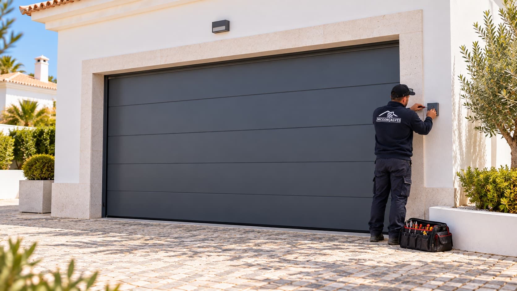Técnico da JMC Gonçalves a montar o comando de parede de uma porta de garagem seccionada