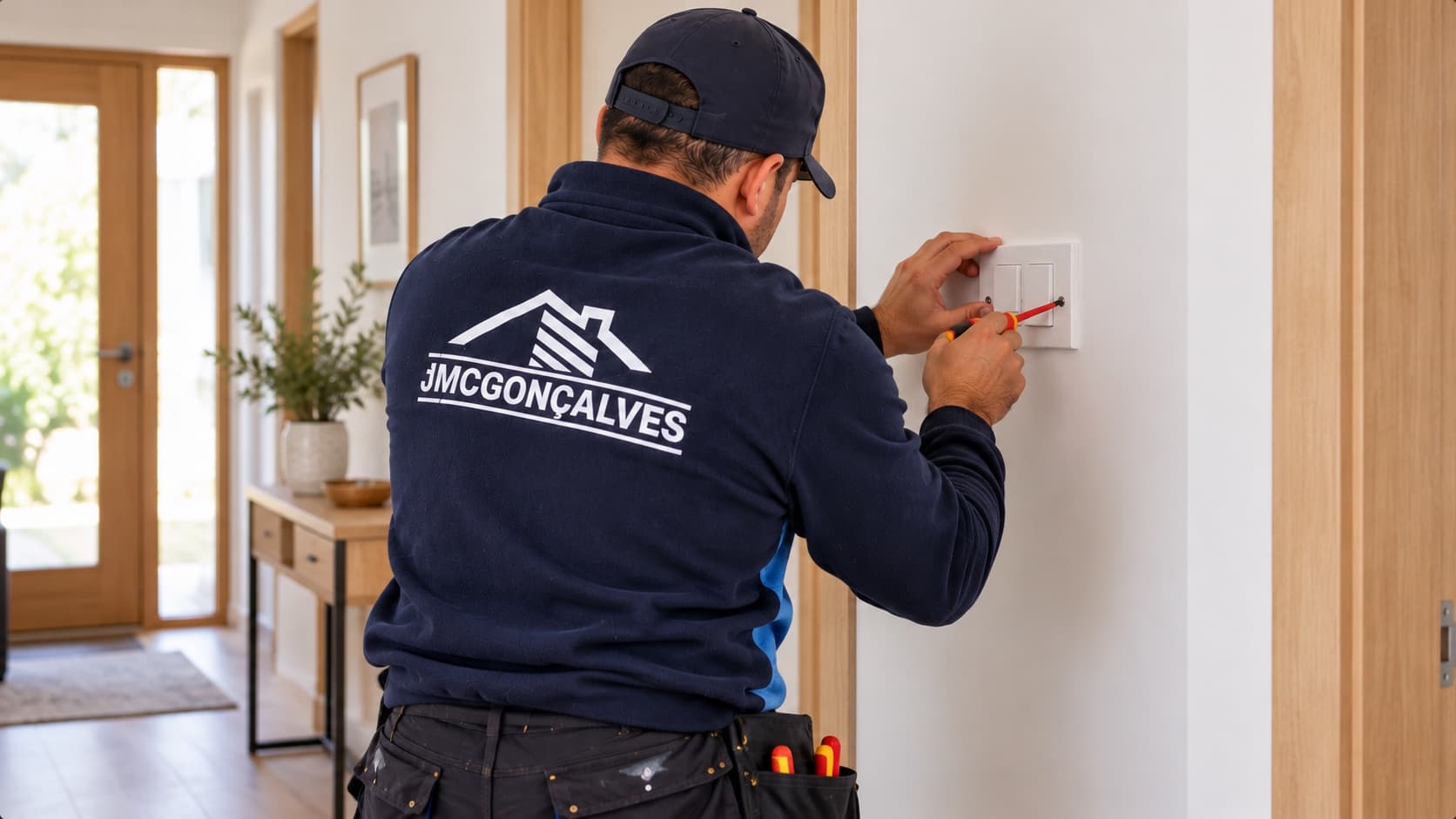 Eletricista da JMC Gonçalves a montar um interruptor