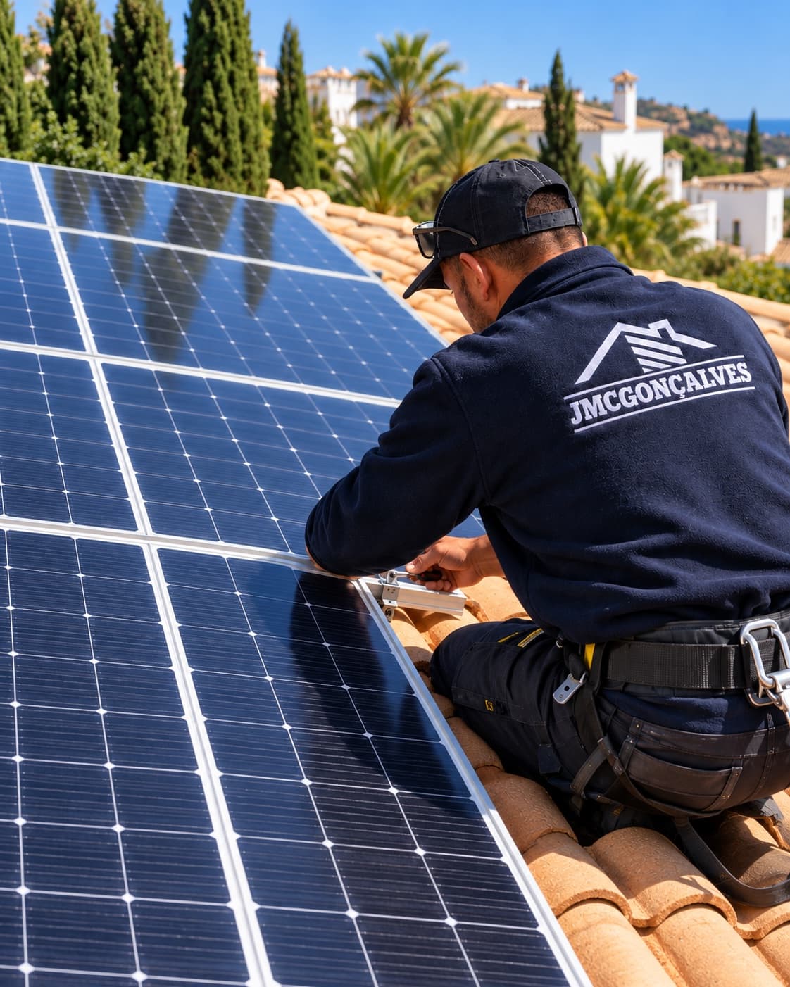 Técnico da JMC Gonçalves a instalar painéis solares num telhado algarvio