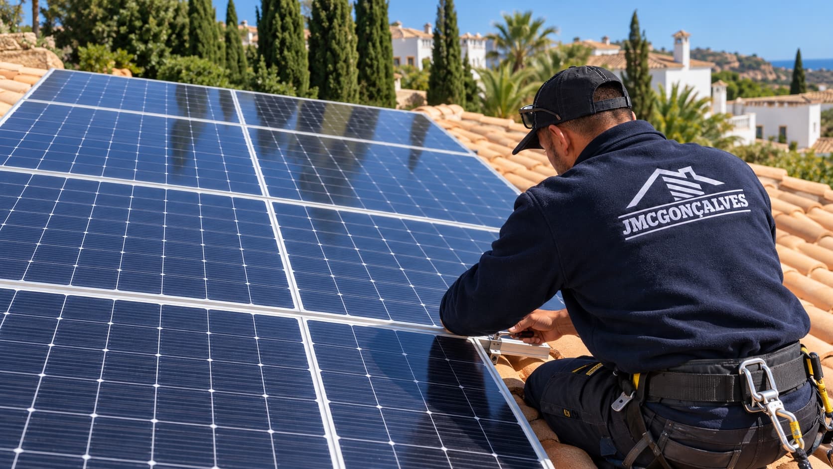 Técnico da JMC Gonçalves a instalar painéis solares num telhado